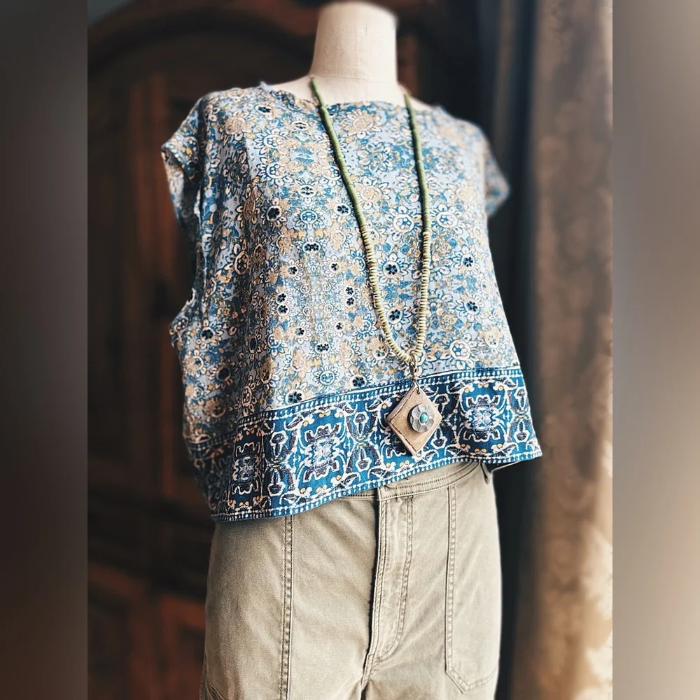 Free People Oversized XS Blue Floral Boxy Tank - NWOT - Raw Edge Detail - Picture 5 of 12
